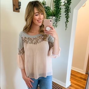 Gimmicks. Buckle Pink & Grey Sheer ¾ Sleeve Top
